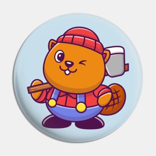 Cute Beaver Lumberjack Cartoon Pin