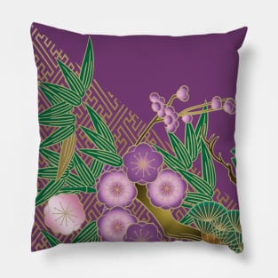 Cherry blossoms, pine tree and Bamboo pattern on purple background Pillow