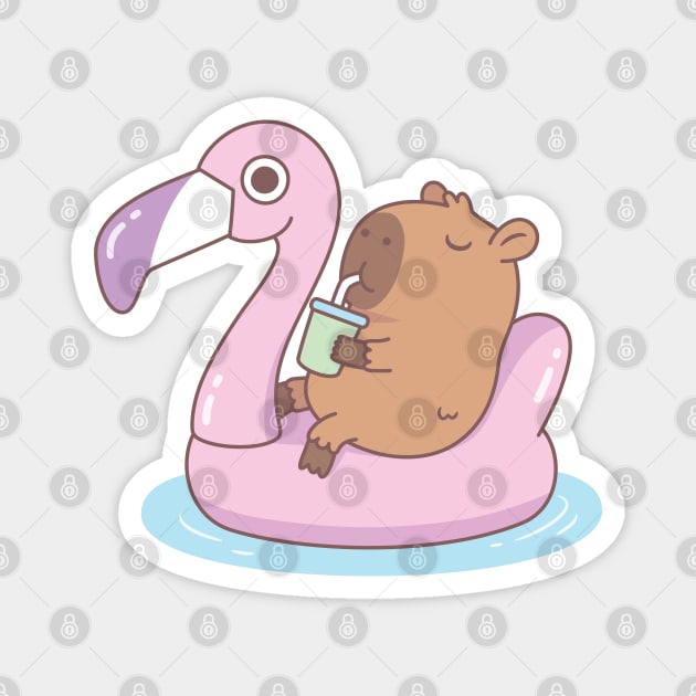 Cute Capybara Chilling On Pink Flamingo Pool Float Magnet by rustydoodle