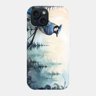 Misty boreal watercolor blue jay Phone Case