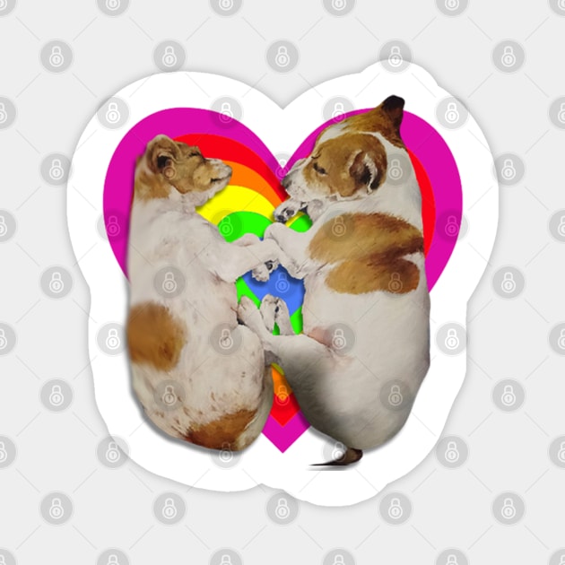 Super cute Jack Russell terriers sleeping on a rainbow heart Magnet by StudioFluffle