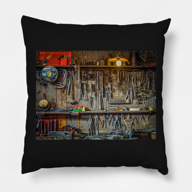 Vintage Tools Workshop Pillow by mrdoomits