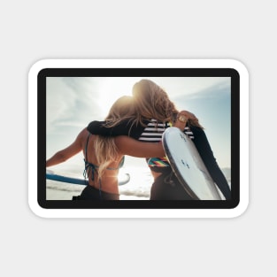 Rio de Janeiro - Two Sexy Female Surfer Girls Holding Surfboards and Hugging Each Other Magnet