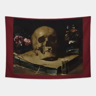 Guercino Still Life Skull Book Hourglass Flowers Tapestry