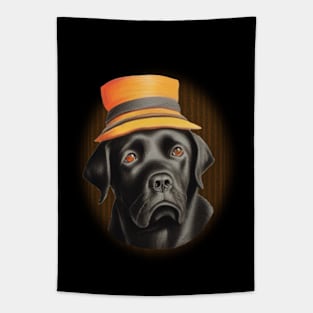 Black Labrador Retriever Dog with Orange Hat Tapestry