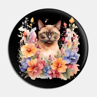 A burmese cat decorated with beautiful watercolor flowers Pin