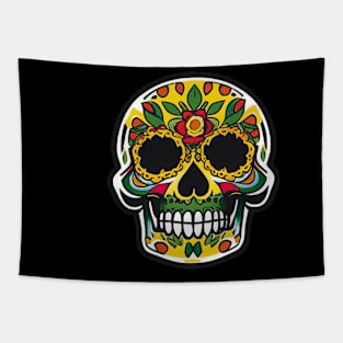 Vibrant Harmony: Colorful Yellow and Green Sugar Skull Art Tapestry