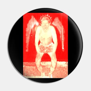 Portrait. Digital collage, special processing. Man in briefs, looking. Angel. Red, yellow, very bright. Pin