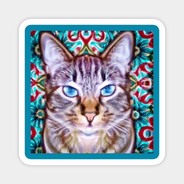 Tabby Cat Against a Colorful Pattern Magnet by Star Scrunch