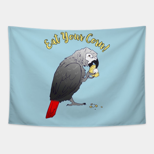 African Grey Parrot eating Corn Tapestry by Einstein Parrot