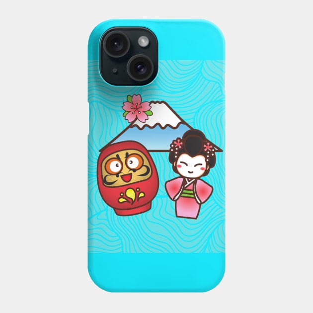 Lucky Daruma, Geisha and mount Fuji Cute Kawaii Japanese Design Phone Case by OMC Designs