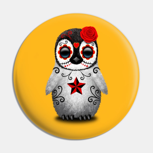 Red Day of the Dead Sugar Skull Penguin Pin by jeffbartels