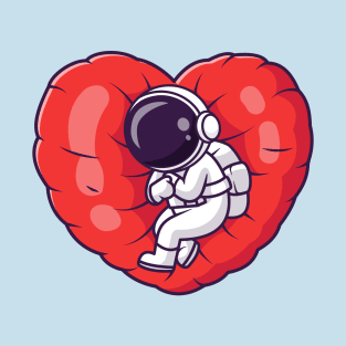 Cute Astronaut Sleeping On Love Heart Pillow Cartoon T-Shirt