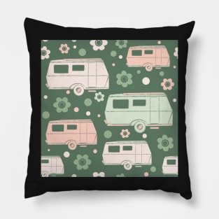 Green And Pink Vintage Caravans and Flowers Pattern Pillow