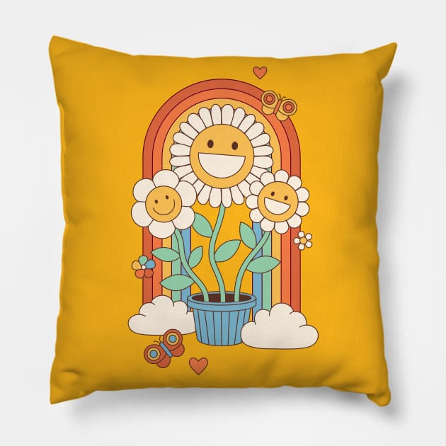 Retro Aesthetic Good Vibes: Hippie, Sunflower, Flower Power Pillow by i am Cuta