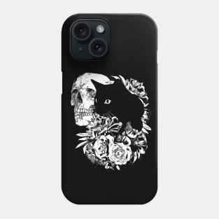 Skull and Black cat with peony, skeleton with flowers, black and white drawing Phone Case