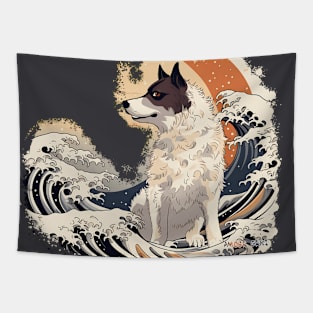 Whimsical Ukiyo-e Dog in Kanagawa Waves Tapestry