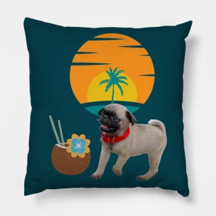 Tiny dog , coco drink and palm tree on sunset background . Pillow