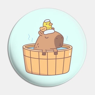 Cute Capybara and Bird Relaxing in Hot Bath Spa Soak Pin