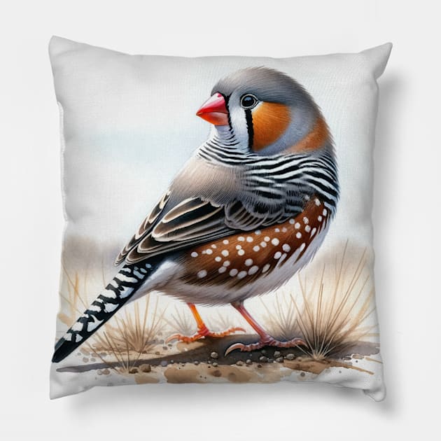 Colorful Zebra Finch - Watercolor Bird Pillow by Aquarelle Impressions