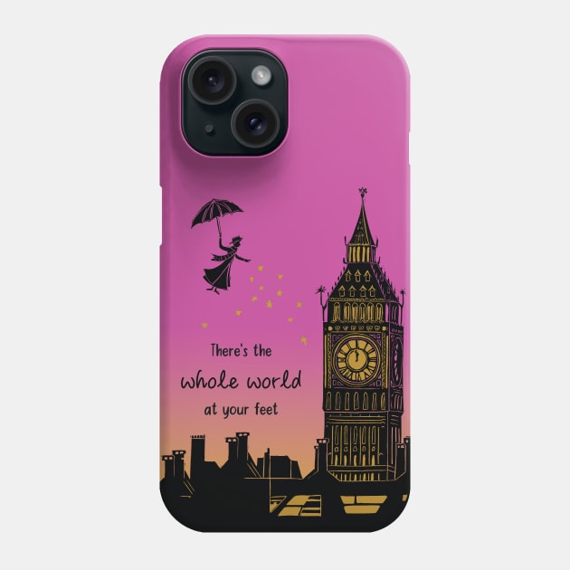 Mary Poppins There's The Whole World at your Feet Pink Sunset Silhouette Linocut Phone Case by Maddybennettart