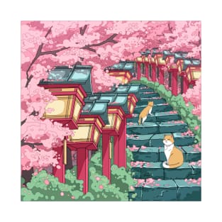 The Japanese shrine, cats, and pink sakura blossom T-Shirt