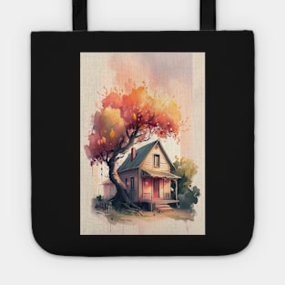 Whimsical Cottage with Peach Tree Watercolor Print Tote