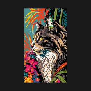 Maine Coon Cat Vibrant Tropical Flower Tall Retro Vintage Digital Pop Art Portrait 2 T-Shirt