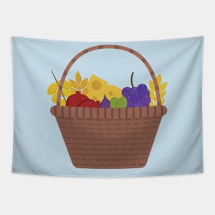 Wicker basket with fruits and dairy products icon in flat design Tapestry