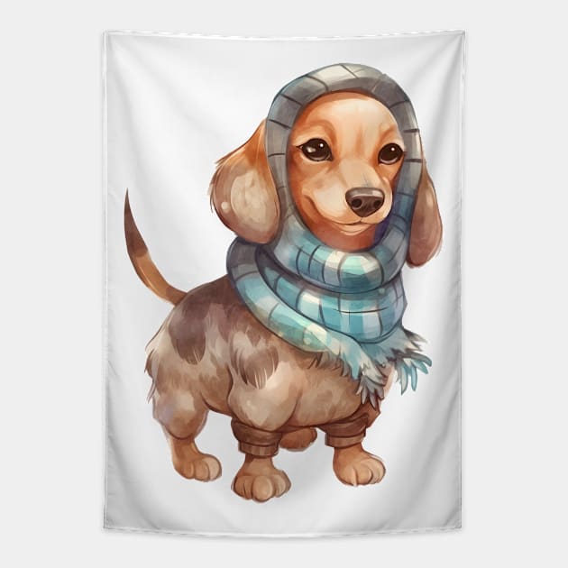 Watercolor Cozy Dachshund Dog Tapestry by Chromatic Fusion Studio