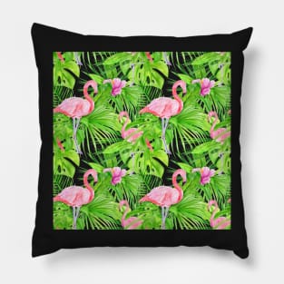 Tropical Pattern of Flamingos and Pink Flowers Pillow