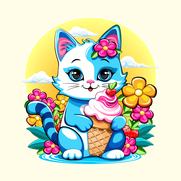 Kitty Cat Cute and happy Summer Cartoon Character with ice cream flowers and Strawberries by BluedarkArt