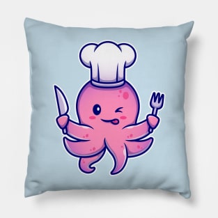 Octopus Chef Holding Knife And Fork Cartoon Pillow