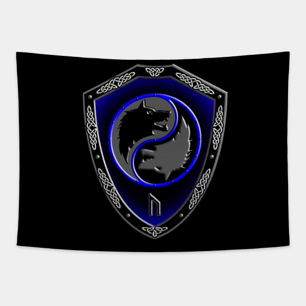 VIKING SHIELD 11 (Wolves with URUZ – Physical Strength, Speed, Untamed Potential) Tapestry by GardenOfNightmares