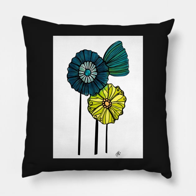 Blue, Green, and Yellow Flowers Pillow by CarrieBrose