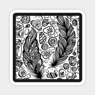 Monochrome Seamless Pattern with Sea Pebbles and Feathers Magnet