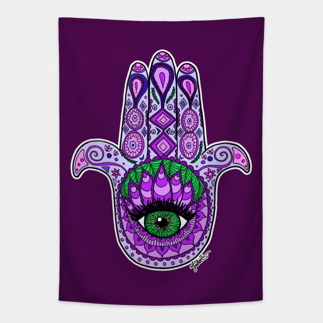 Purple Hamsa Hand Tapestry by julieerindesigns