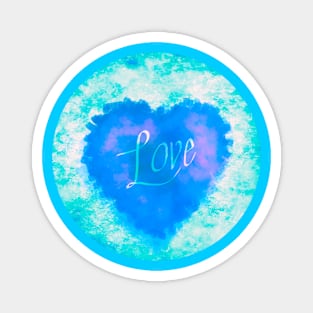 AQUA LOVE HEART CIRCLE, BLUE AND TURQUOISE, HANDWRITTEN WORD LOVE Magnet