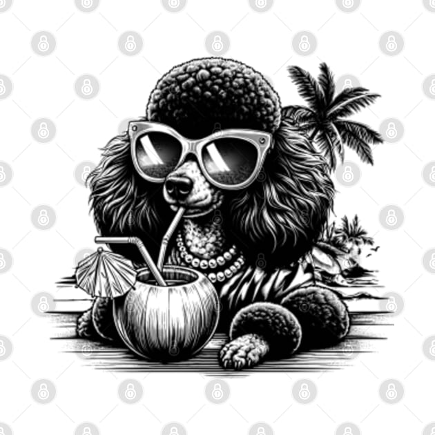 poodle dog wearing sunglasses drinking a coconut drink on a tropical beach by StyleTops