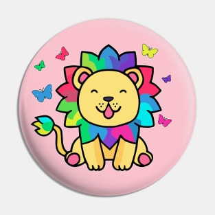 Happy smiling lion with butterflies. Kawaii cartoon Pin