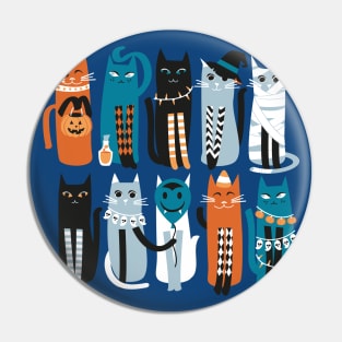 High Gothic Halloween Cats // print // blue background orange turquoise blue white and black kittens Pin