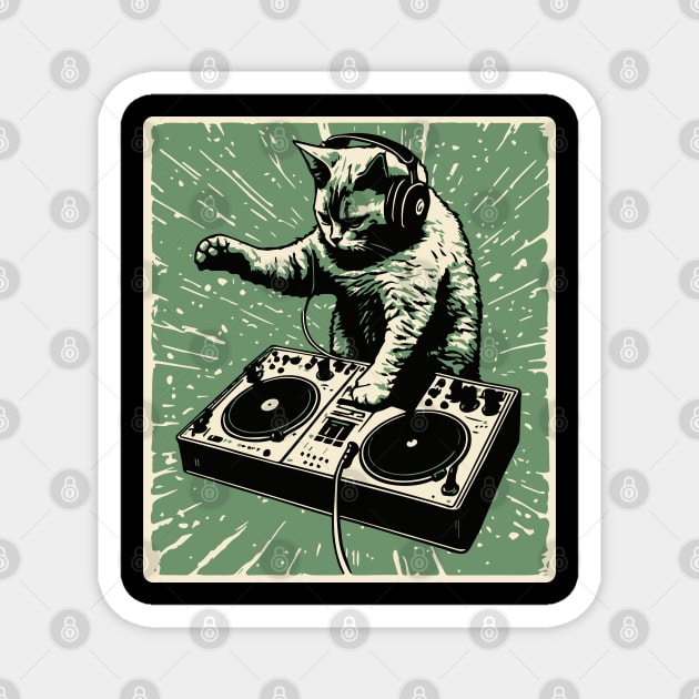 Cat DJ - Green Block Print - DJ Cat - Deadmau5 - Deadmouse Magnet by Barn Shirt USA