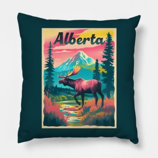 Alberta Canada Moose Mountain Trees Retro Risograph Souvenir Pillow