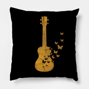 Ukulele Silhouette Turning Into Butterflies Gold Pillow