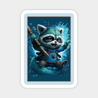 Warrior Raccoon Splash Art Smiling and holding a spear. Magnet