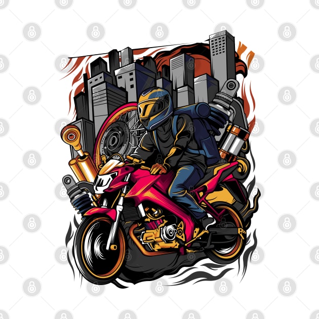 Man wearing helmet riding motorcycle by Mako Design 