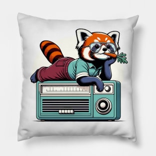 70s red panda eating carrot while sitting on vintage radio Pillow