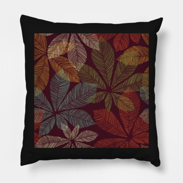 Dark autumn tropical leaves. Chestnut abstract illustration. Leaf skeleton print Pillow by likapix