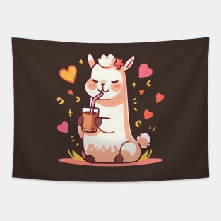 Caffeinated Love Affair: Kawaii Llama Sips Iced Coffee Tapestry