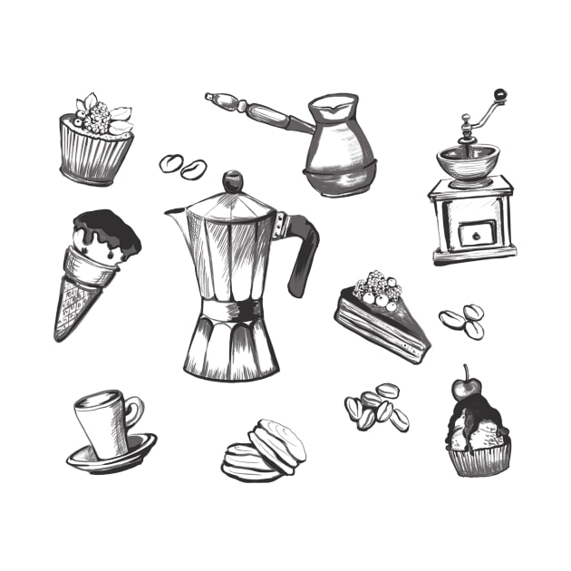 All sorts of things for coffee. Coffee maker, cakes, cup, coffee grinder. by Marllessi